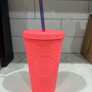 Starbucks Neon Coral Studded Tumbler 16oz with Purple Straw Matt Grid Cold Cup